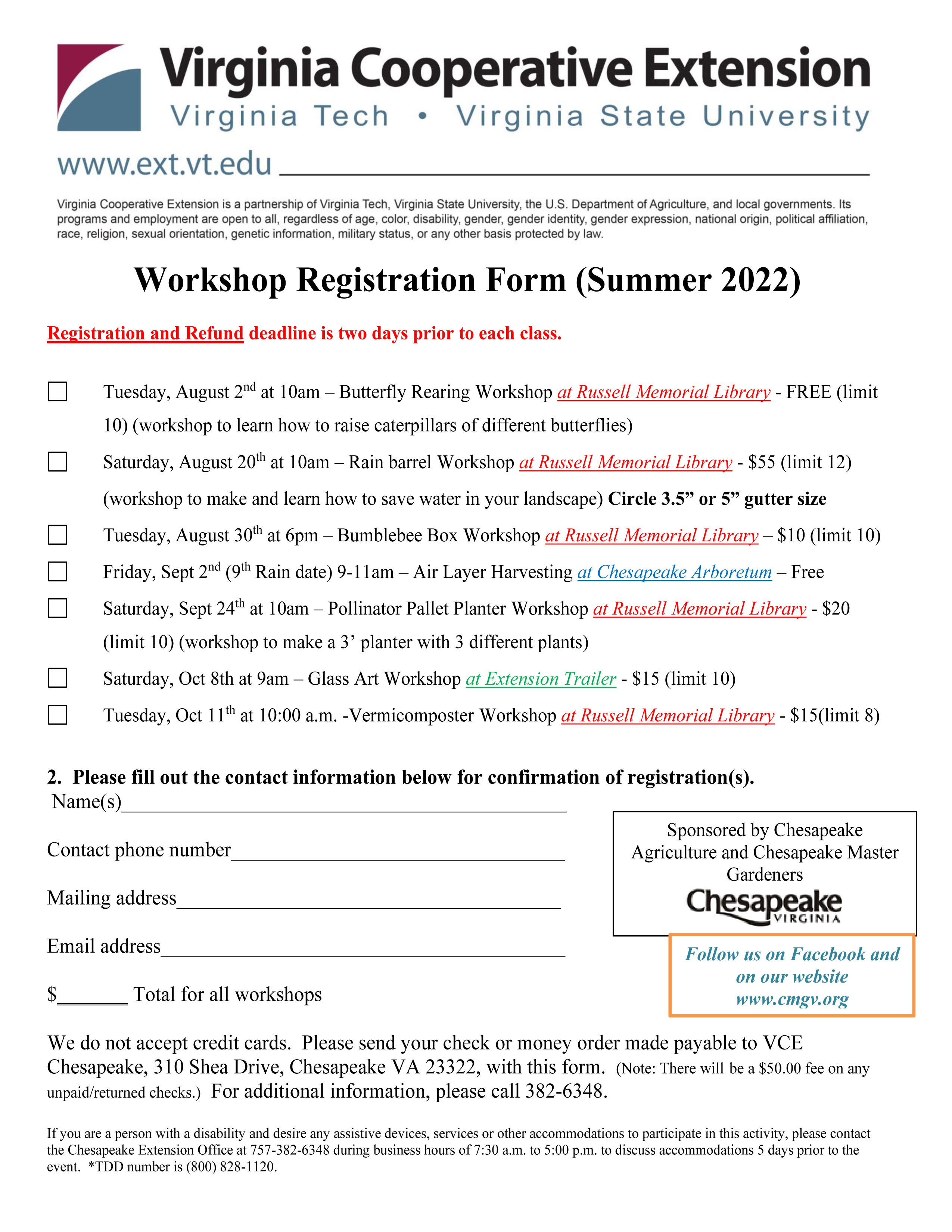 2022 Summer Fall Workshop Schedule