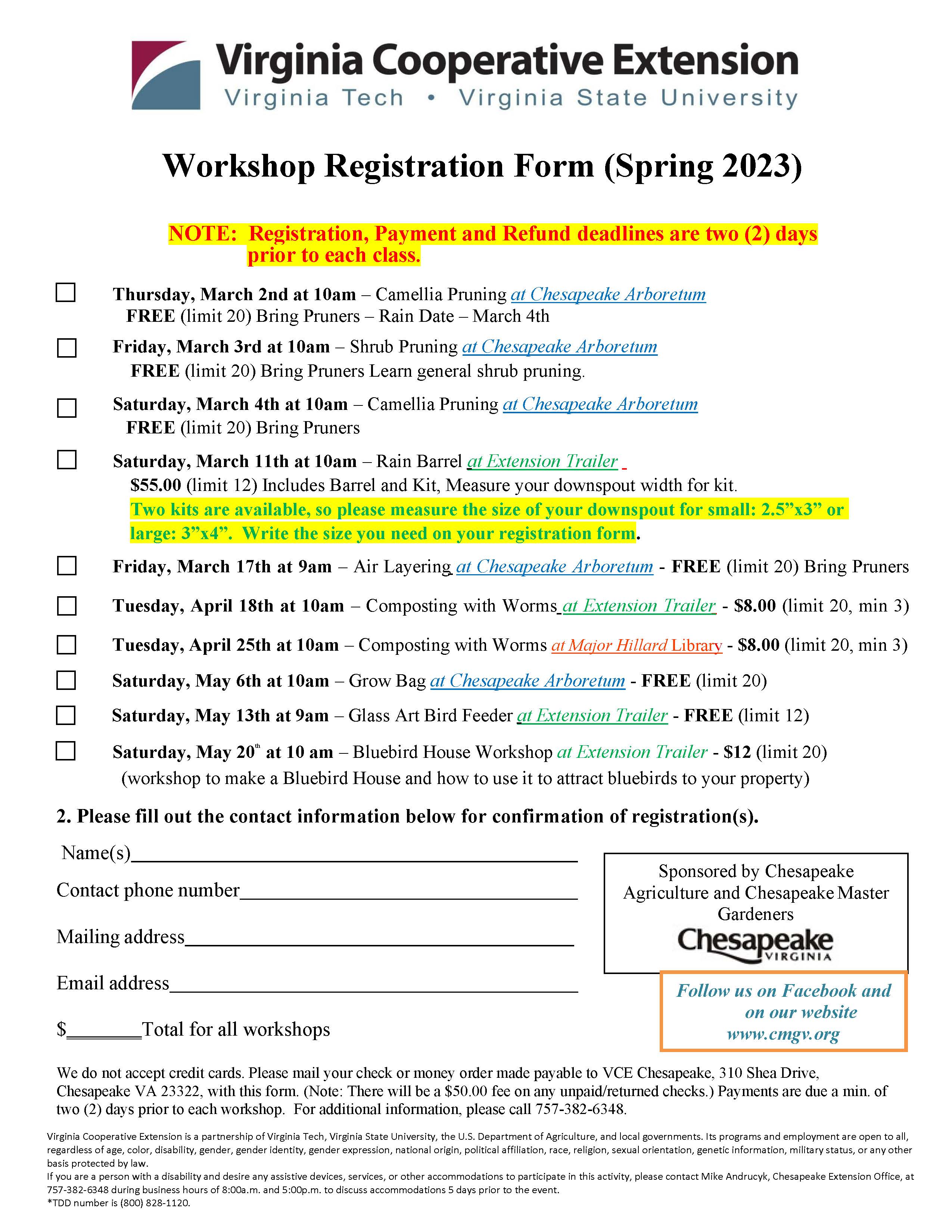 Updated 2023 Workshop Spring Registration Form